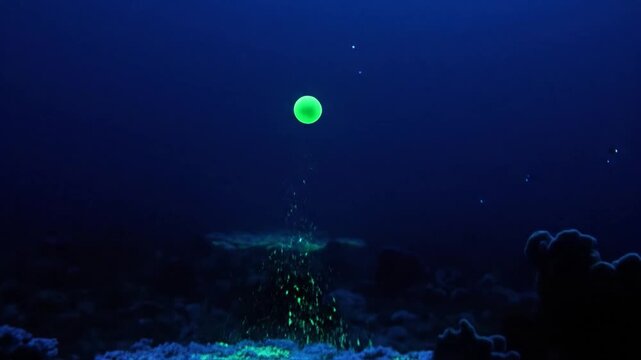 Bioluminescent algae glowing in the dark abyssal depths of the ocean at night.