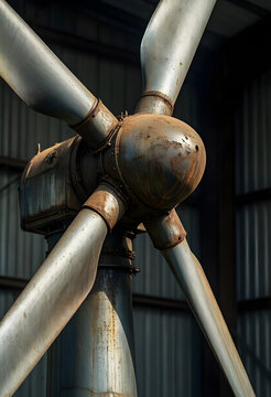 Renewable energy failure and infrastructure decay, rusted wind turbine blades in abandoned industrial facility energy crisis and obsolescence