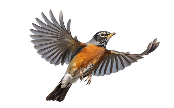 Robin bird flies with wings fully spread against a clean white background.