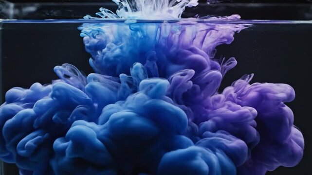 Blue and purple ink dispersing inside a glass of clear water against a dark background