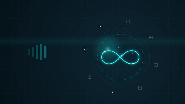 Abstract animation of a glowing blue infinity loop representing circular economy principles for sustainable development environmental conservation and green business.
