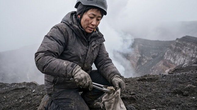 East Asian female volcanologist conducting field research, collecting volcanic ash samples near an active crater in dense fog for scientific publications, geology education