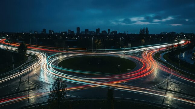 Vehicle Light Trails Around Roun
