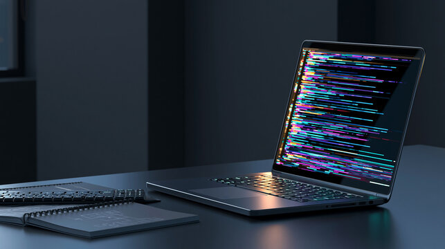 Laptop computer displaying colorful code on screen with notebook and keyboard on dark desk.