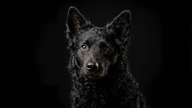 mudi dog close up isolated on black background video