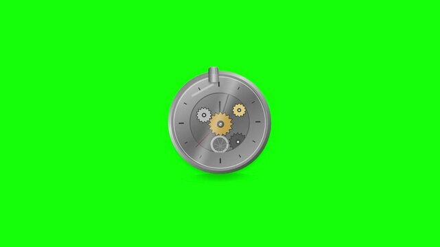 Vintage Silver Pocket Watch Mechanism Isolated On Green Screen Background