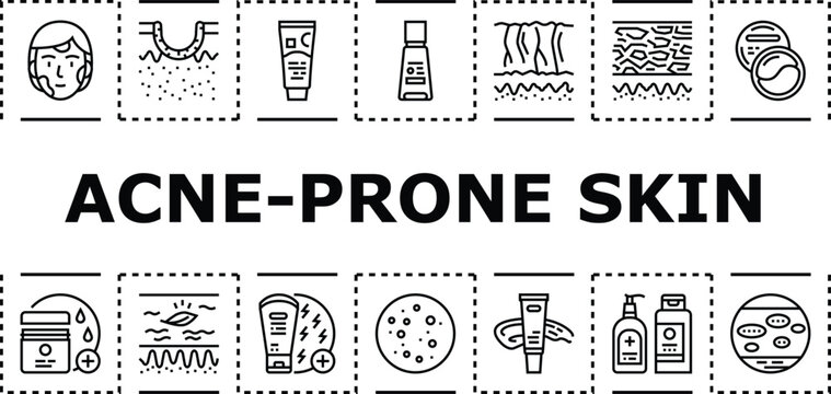 Acne-prone skin banner infographic. Breakout dermis, moisturizer blemish, zit oily icon vector illustration