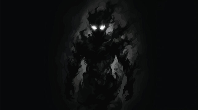 Shadow entity silhouette made of dark smoke with glowing white eyes standing in mysterious void darkness on white background