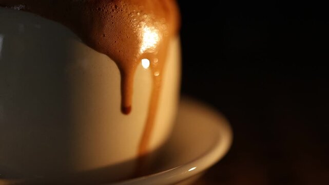 Close-Up Espresso with Creamy Foam and Chocolate Drizzle on Dark Background