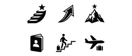 Fototapeta premium minimalist travel and adventure icons featuring climbing stairs with star mountain peak upward arrow person luggage airplane