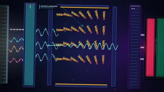 Infographic animation explaining the internal workings of an LCD display pixel, featuring liquid crystal twisted nematic helix, light polarization, and RGB subpixel color fusion