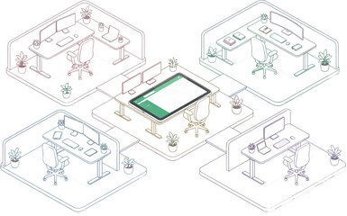 Fototapeta premium Modern isometric office cubicle workspace layout with ergonomic sit stand desks computer monitors and partition walls vector