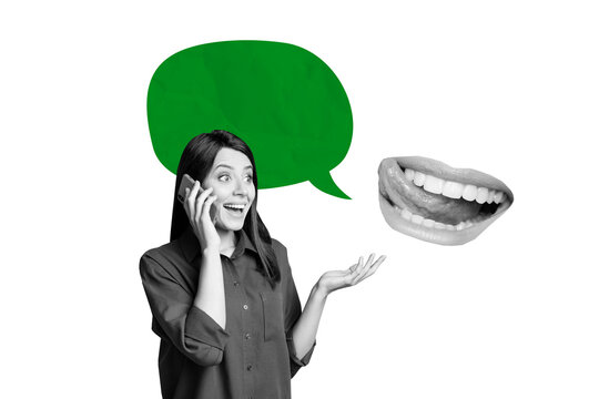 Composite photo collage of astonished girl hold iphone telecommunication call mouth smile conversation isolated on painted background