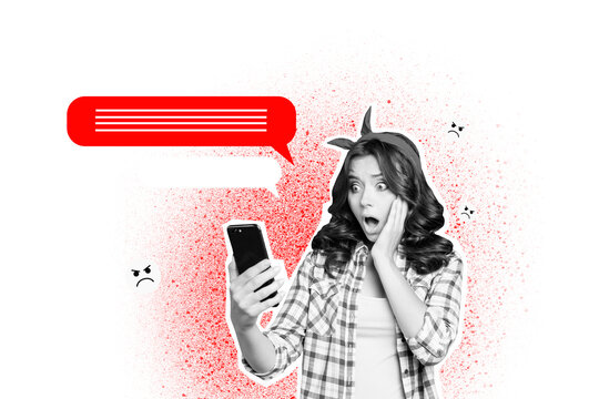 Composite photo collage of astonished girl hold iphone receive insult comment cyberbully bad emoji text box isolated on painted background