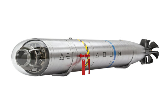 Autonomous underwater torpedo vehicle on transparent background, streamlined naval submarine drone with propulsion propeller and guidance fins. Marine hardware delivers precise navigation.