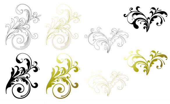 Luxury gold and black vintage baroque scrolls set elegant floral ornaments acanthus leaves design elements