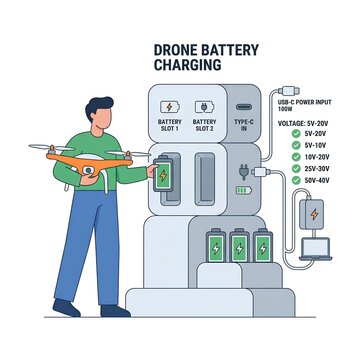 Modular Drone Battery Charging Station with USB-C Port and Voltage Display