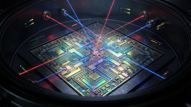 Complex quantum computer chip with glowing laser beams intersecting above