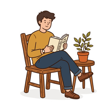 Engaged young man peacefully absorbed in reading a captivating book on a comfortable wooden chair, enjoying a quiet moment of leisure at home with a potted plant
