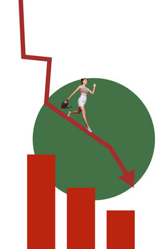 Vertical photo collage of silly business girl run arrow decline chart reduction crisis carry rucksack loss isolated on painted background