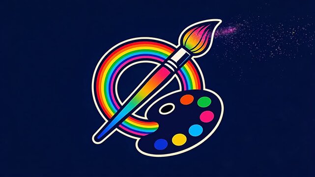 Cartoon style rainbow arc with colorful crayons and palette
