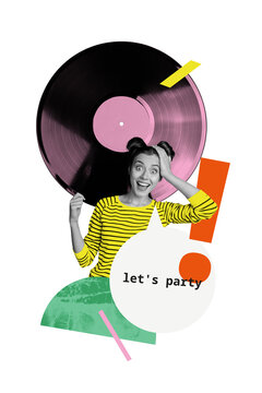 Creative design composite trend artwork collage of weekend carefree night occasion young lady amazed smile speech cloud lets party vinyl