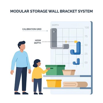 Modular Storage Wall Bracket System with Hook Depth Calibration for Organized Home Storage