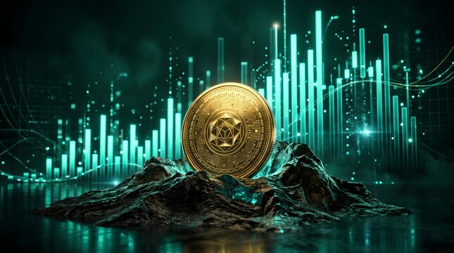 Geometric gold token standing on rocky mound with data chart.