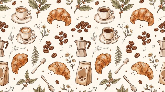 Seamless pattern with hand drawn coffee cups croissants and coffee beans