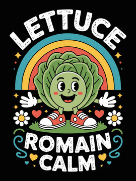 Cute lettuce character Lettuce Romain Calm retro rainbow pun graphic