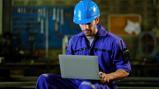  Industrial technician engineer in blue protective cloth wear safety mask, helmet, glasses welding metal. professional welder man welding steel structure with fire spark in factory. selective focus.