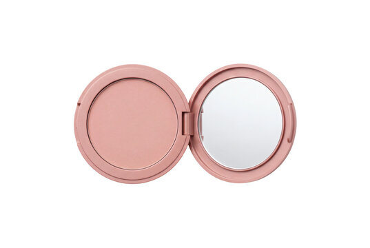 Open pink makeup powder compact with mirror on transparent background, cosmetic beauty blush compact case with circular cosmetic powder. Commercial packaging creates elegant branding background.