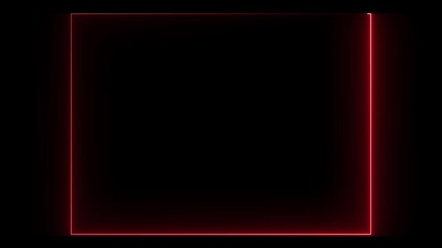 Abstract red color neon glowing line photo frame, rectangle animated moving led light screen box projection 3d rendering, on black background.4k