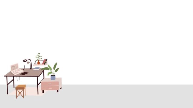 Flat vector animated team meeting or large office desk, featuring a large table, multiple chairs, laptop, decorative arched windows, and a potted plant against a white wal