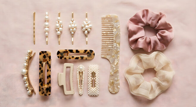Elegant pearl and tortoiseshell hair accessories arranged on a soft pink surface
