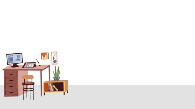 Flat vector animated team meeting or large office desk, featuring a large table, multiple chairs, laptop, decorative arched windows, and a potted plant against a white wal