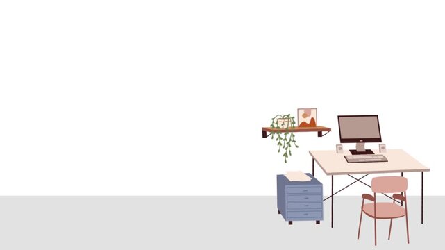 Flat vector animated team meeting or large office desk, featuring a large table, multiple chairs, laptop, decorative arched windows, and a potted plant against a white wal