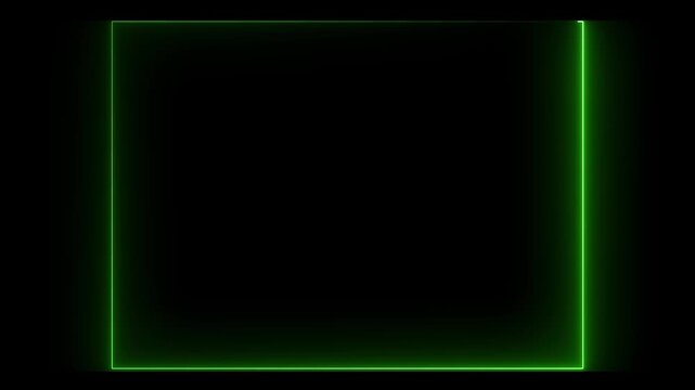 Abstract green color neon glowing line photo frame, rectangle animated moving led light screen box projection 3d rendering, on black background.4k animation video.