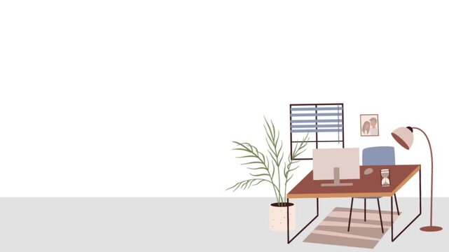 Flat vector animated team meeting or large office desk, featuring a large table, multiple chairs, laptop, decorative arched windows, and a potted plant against a white wal