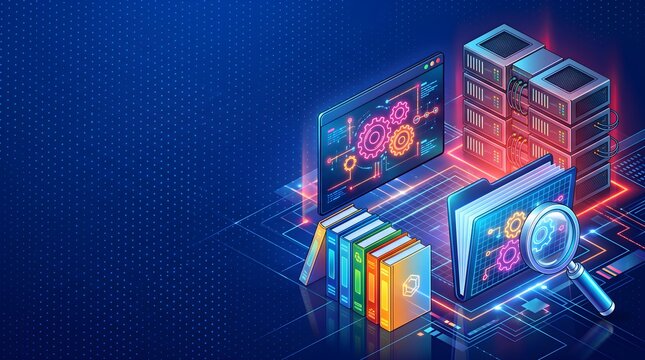 Data management system with servers books and digital interface.