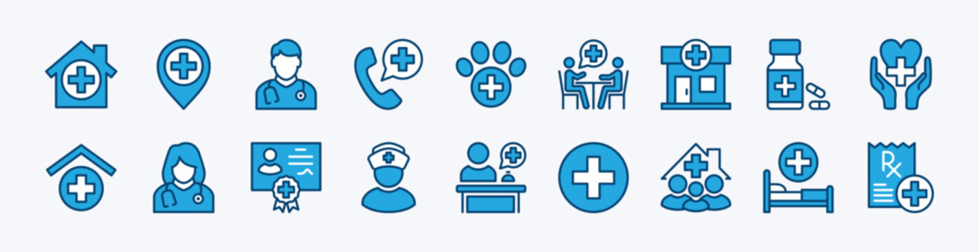 Set of clinic icon. Contains hospital, pharmacy, doctor, nurse, map pin location, emergency call, medicine, healthcare, veterinary, recipe, receptionist, health room, certificate, family - vector