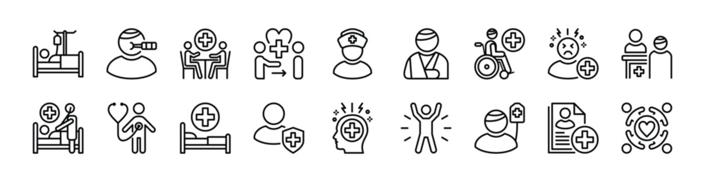 Patient icon set. Contains care, health consultation, sick, heal, nurse, checkup, registration, blood donors, medical examination, dizzy, document data information, room, protection - vector