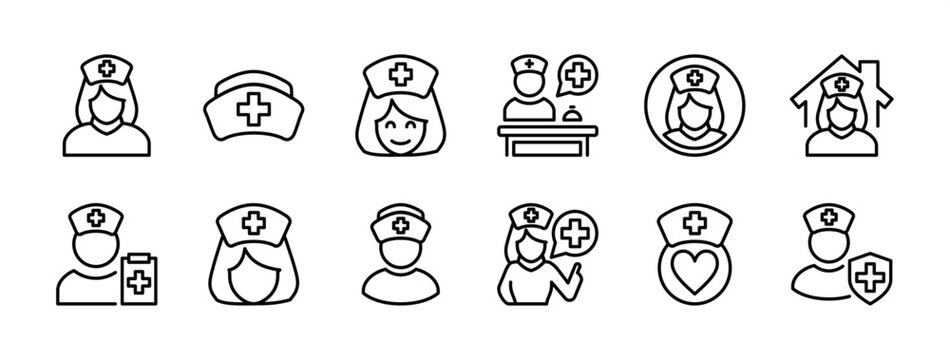 Nurse icon set. Contains doctor, medical staff, hat, receptionist, hospital, health check, clinic, pharmacy, advice, profile, consultation. Vector illustration