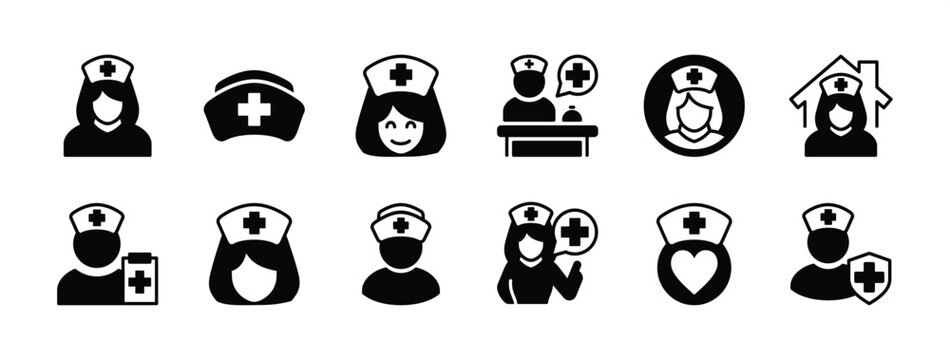 Nurse icon vector set. Contains doctor, hat, receptionist, medical staff, hospital, health check, advice, profile, clinic, pharmacy, consultation. Illustration