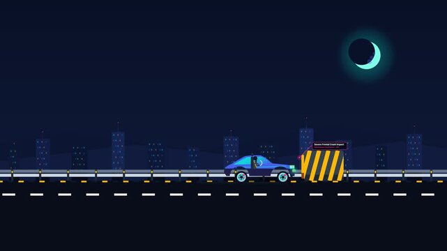 Explanatory animation of a MEMS accelerometer in an automotive airbag system showing a car crash activating the impact sensor module to deploy the airbag for occupant safety