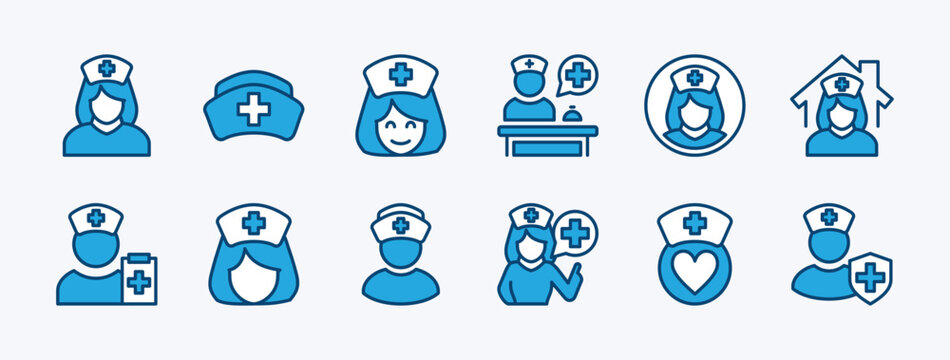 Set of nurse icon. Contains doctor, hat, receptionist, medical staff, profile, hospital, health check, advice, pharmacy, clinic, consultation - vector illustration