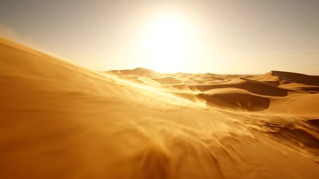 Golden desert dunes under bright sun with wind blowing sand, vast arid landscape