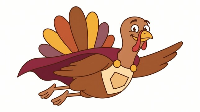 Cartoon turkey character dressed as a flying superhero for Thanksgiving