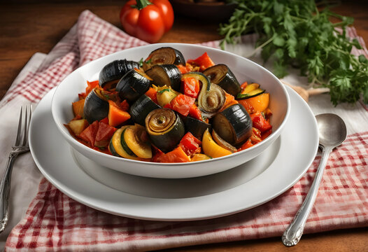 Healthy mediterranean diet, ratatouille vegetable stew with roasted zucchini and tomatoes in a white bowl on a rustic kitchen table with fresh herbs