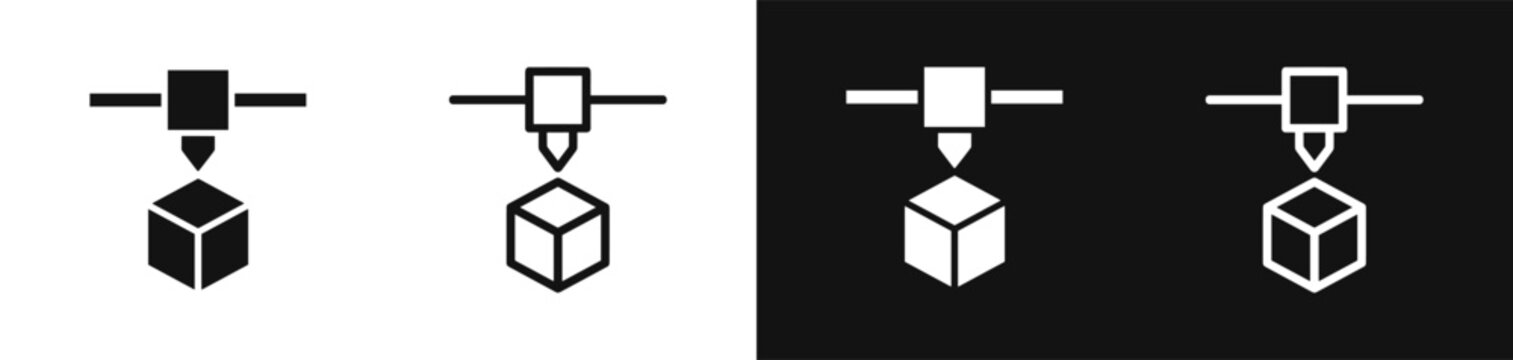 3D printer printing a cube outline and solid vector icon set